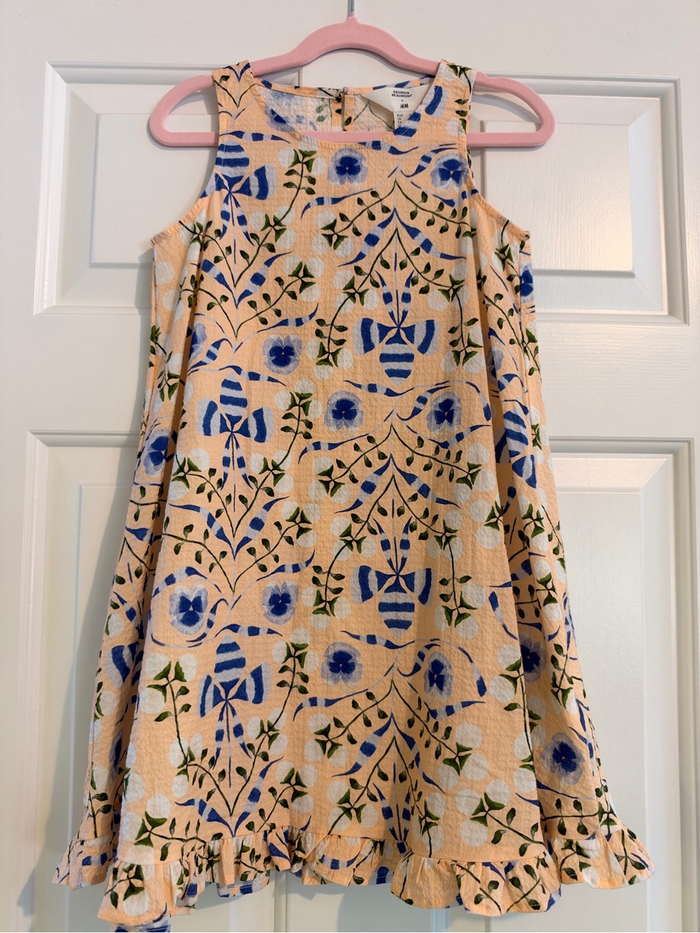 H&M Peach Dress with Blue Floral Print and Green Vines